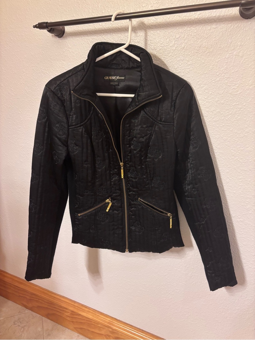 GUESS Black Embroidered Zip-Front Jacket with Gold Hardware